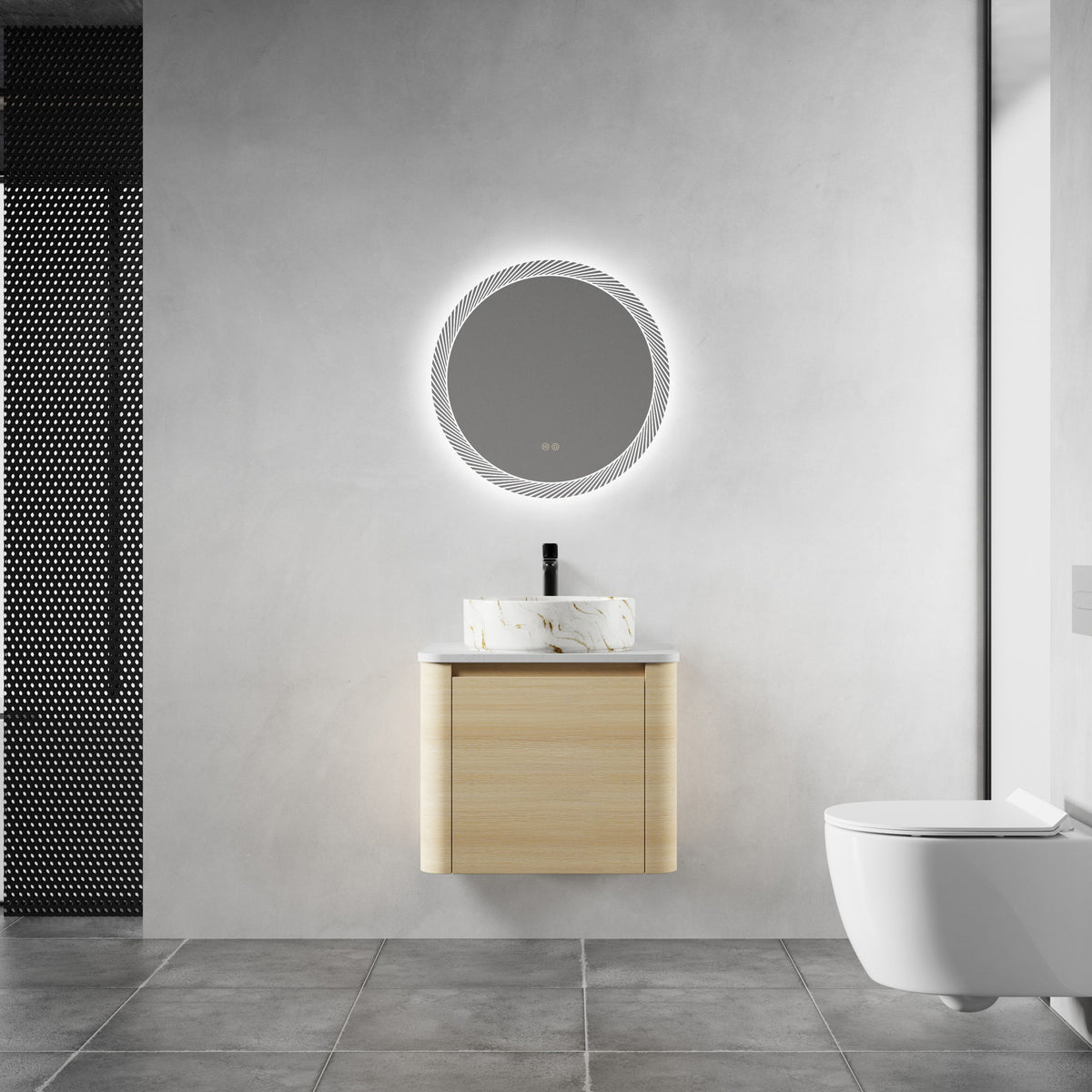 Mounted bathroom vanity in light wood with white marble-pattern vessel sink