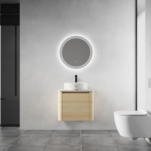 Mounted bathroom vanity in light wood with white marble-pattern vessel sink