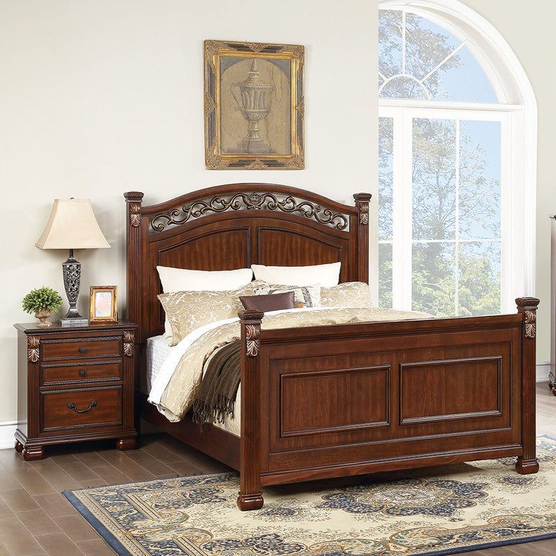Traditional dark brown bed with paneled headboard and matching nightstand, wood posts