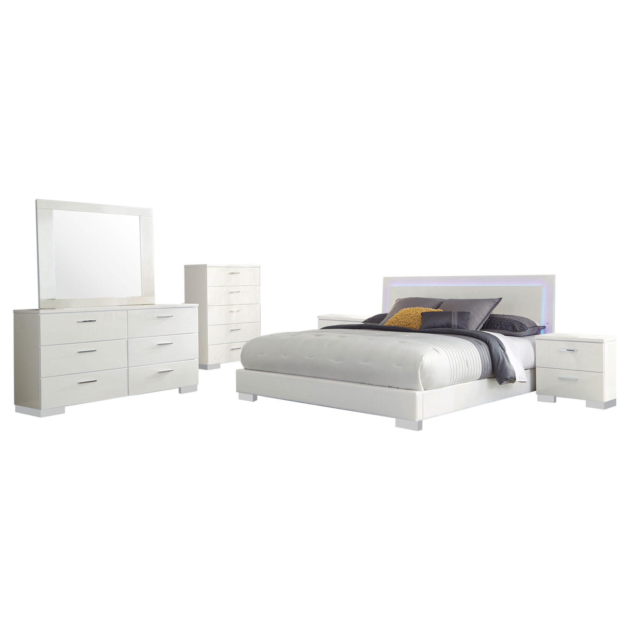 August - 6 Piece Queen Panel Bedroom Set With LED Lighting - White