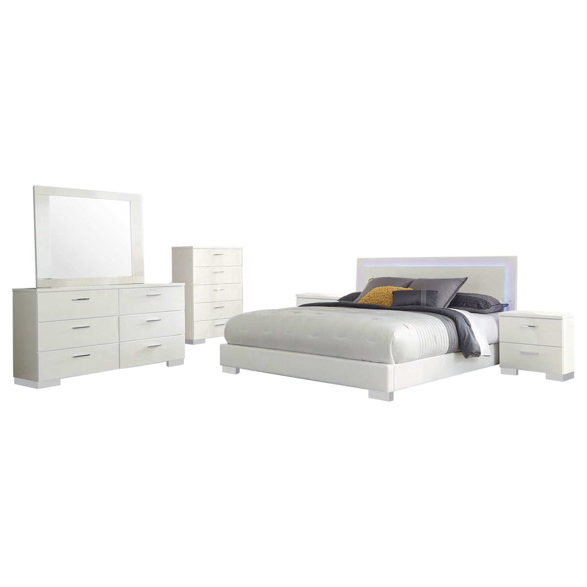 August - 6 Piece Queen Panel Bedroom Set With LED Lighting - White