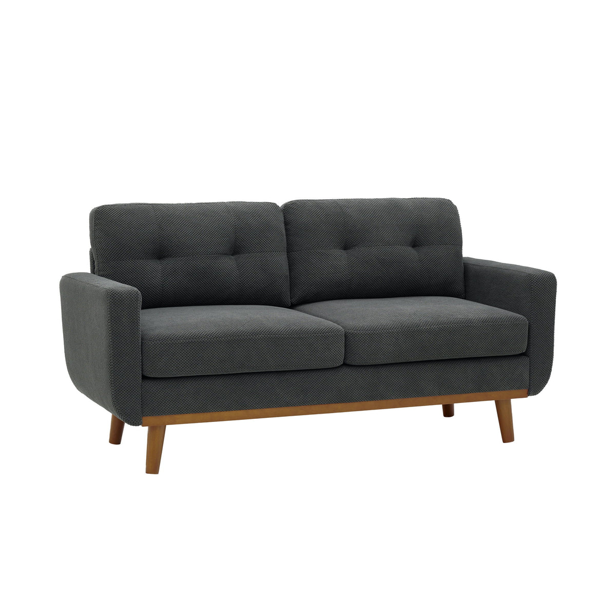 Two-seat sofa in charcoal gray fabric with tufted back cushions and wooden legs