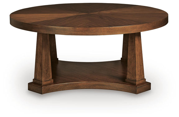 Round wooden end table with open lower shelf and tapered legs