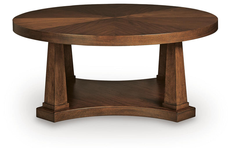 Round wooden end table with open lower shelf and tapered legs
