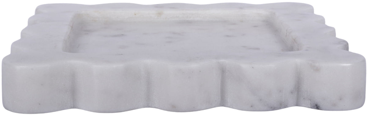 White genuine marble tray with scalloped border and lightly speckled surface