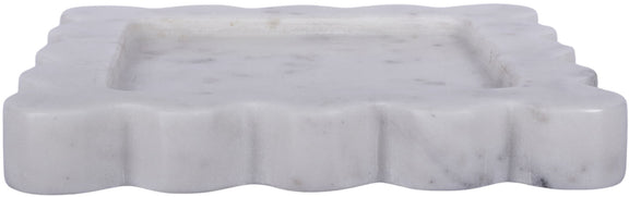 White genuine marble tray with scalloped border and lightly speckled surface