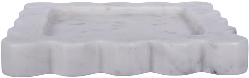 White genuine marble tray with scalloped border and lightly speckled surface
