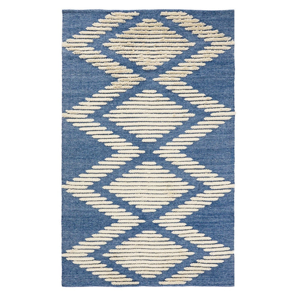 Blue indoor/outdoor rug with cream diamond lattice pattern, textured loop pile
