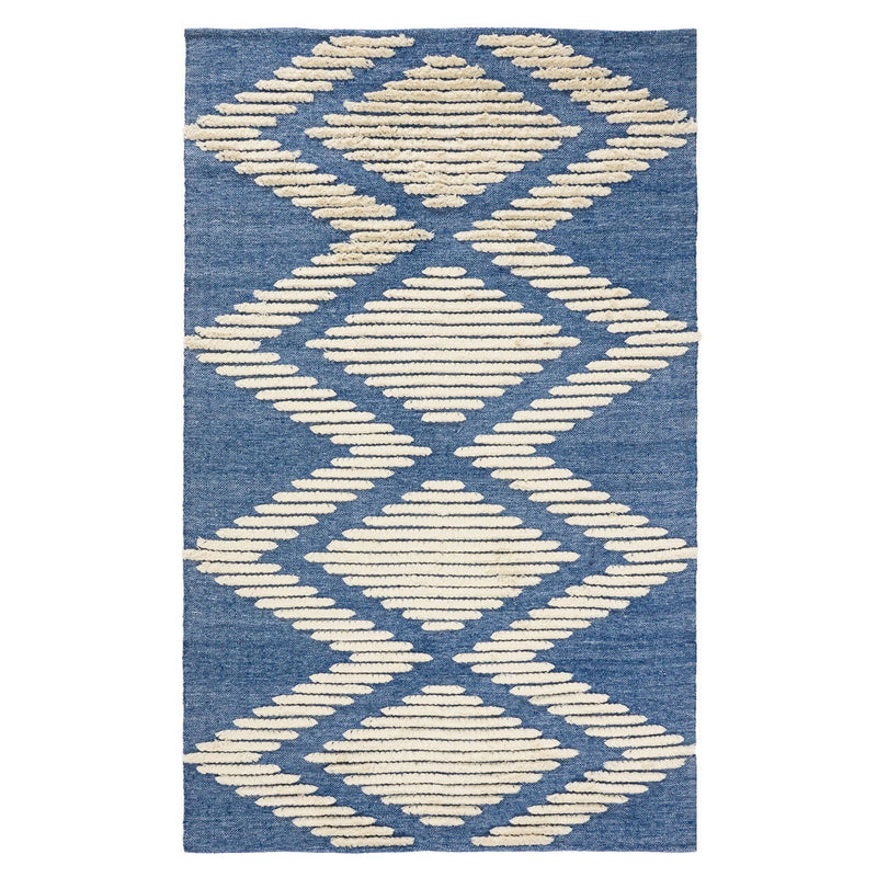 Blue indoor/outdoor rug with cream diamond lattice pattern, textured loop pile