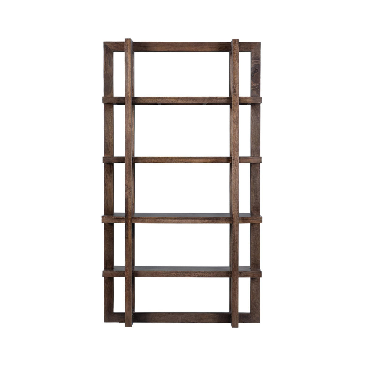 Brown wooden bookcase with four open shelf tiers and horizontal rails