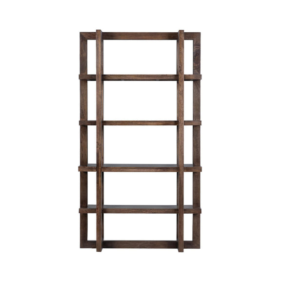 Brown wooden bookcase with four open shelf tiers and horizontal rails