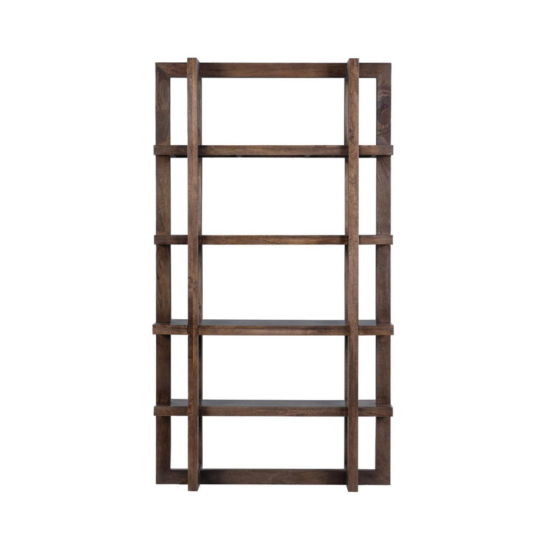 Brown wooden bookcase with four open shelf tiers and horizontal rails