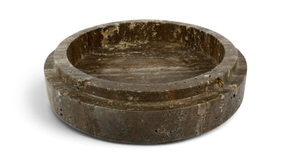 Dark travertine bowl with round low profile and speckled stone texture