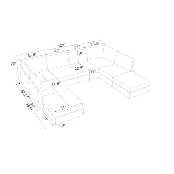 Sectional sofa configuration sketch with labeled dimensions and corner ottoman