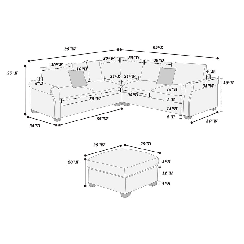 Sectional sofa set size diagram with corner wedge and matching ottoman dimensions