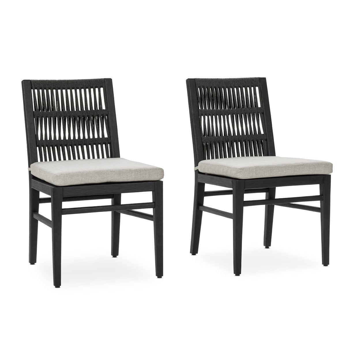 Black outdoor dining chair set of 2 with slatted backs and light beige seat cushions
