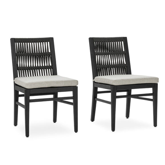 Black outdoor dining chair set of 2 with slatted backs and light beige seat cushions