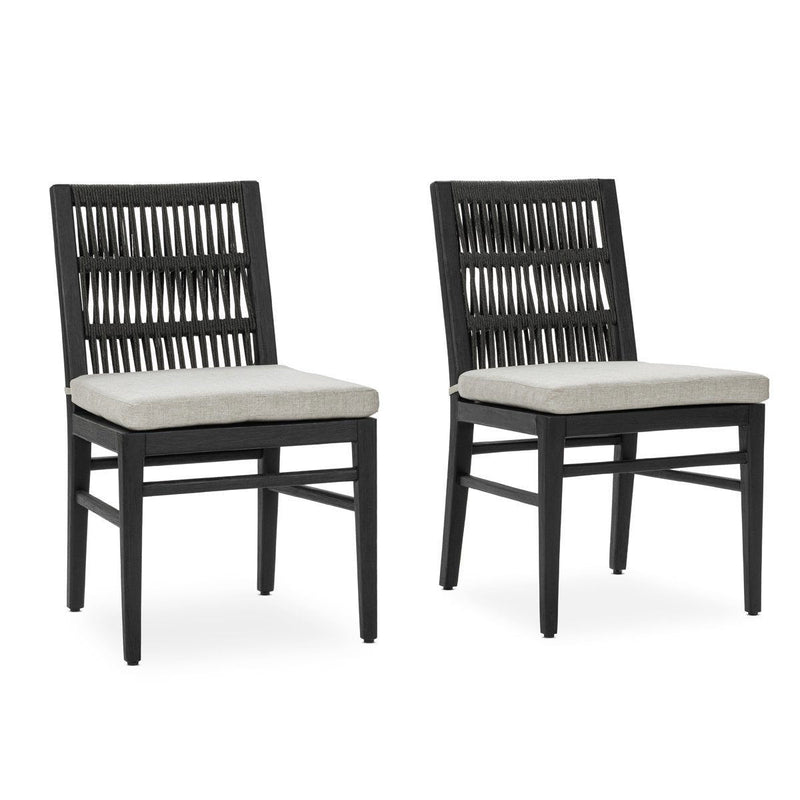 Black outdoor dining chair set of 2 with slatted backs and light beige seat cushions