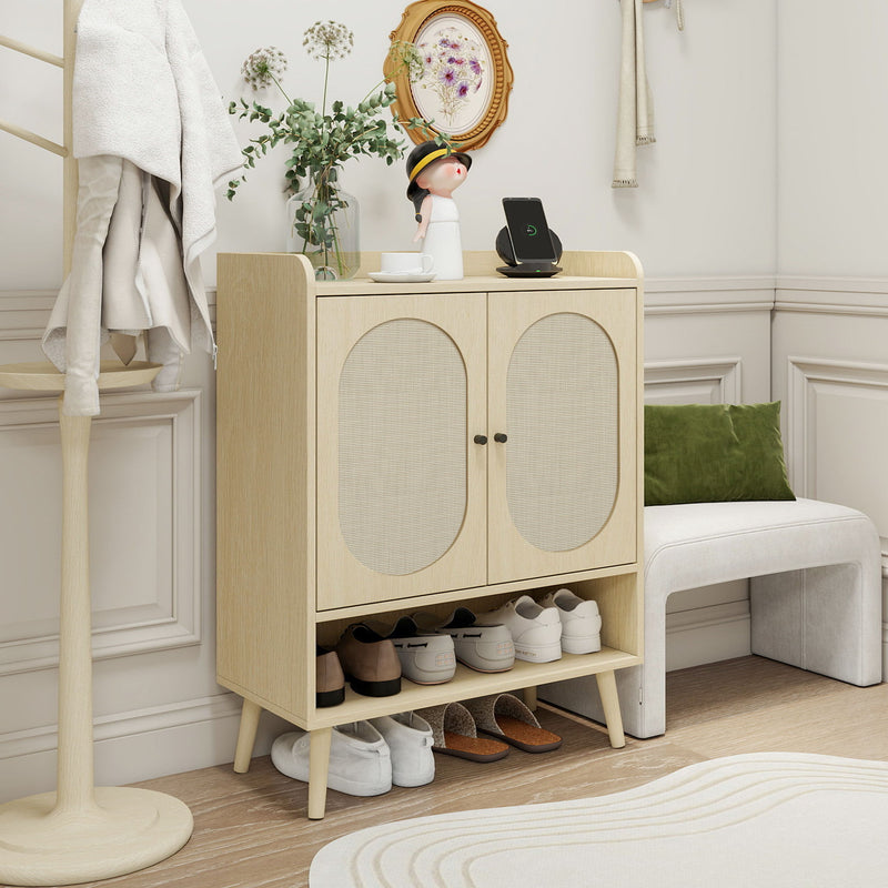 2 Door Shoe Rack, Freestanding, Modern Shoe Storage Cabinet, For Entryway - Natural