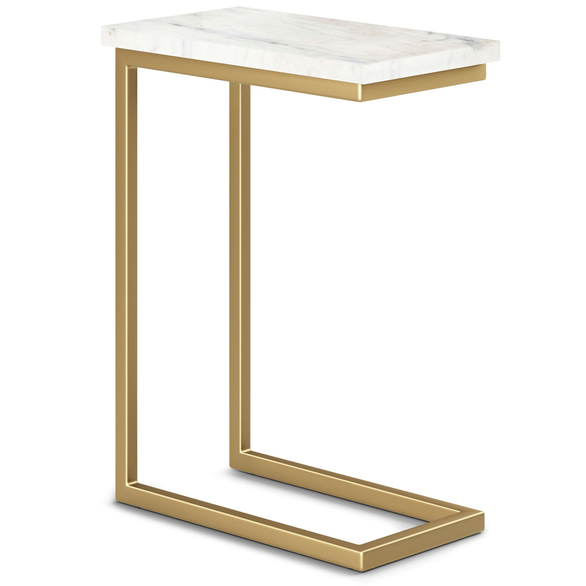 Two-tier side table with light stone-look top and gray veining, gold frame