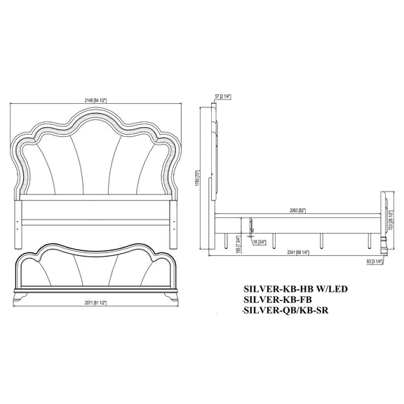 Bed frame diagram with dimensions and hardware layout for silver upholstered model