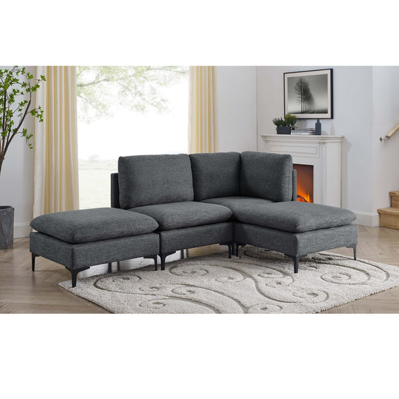 Dark gray upholstered modular sectional with tall legs and chaise ottomans, medium-firm seat