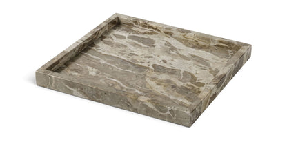 Rectangular beige marble tray with mottled veining and raised edges.