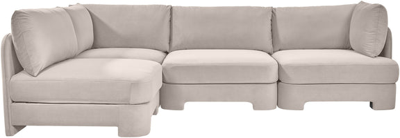 Light gray armless velvet sectional sofa with back cushions and curved arms, 4-piece set.