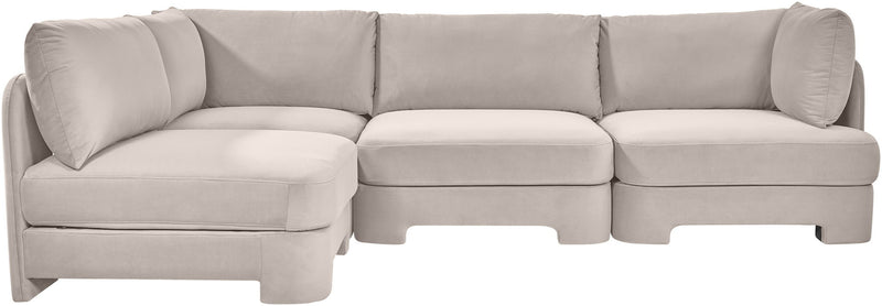 Light gray armless velvet sectional sofa with back cushions and curved arms, 4-piece set.