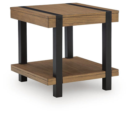 Light brown wood end table with black legs and lower shelf, rectangular top.