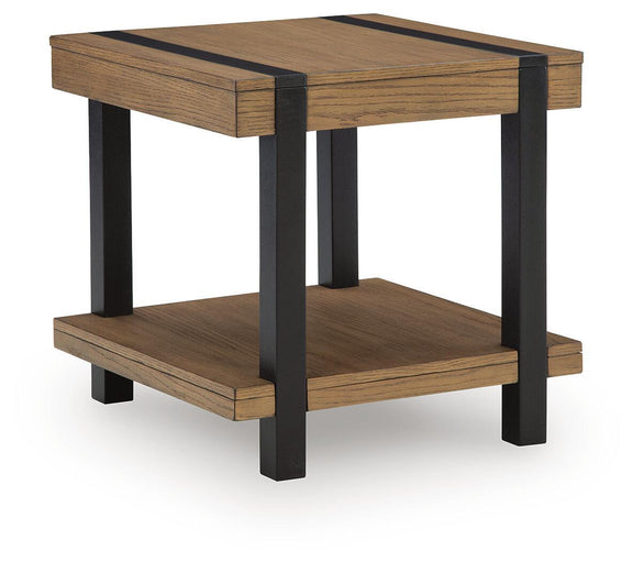 Light brown wood end table with black legs and lower shelf, rectangular top.