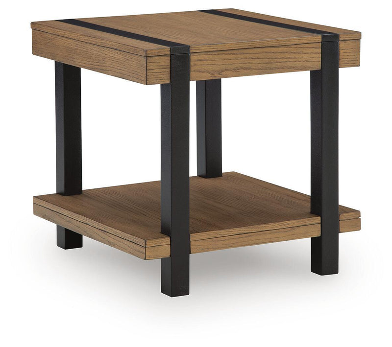 Light brown wood end table with black legs and lower shelf, rectangular top.