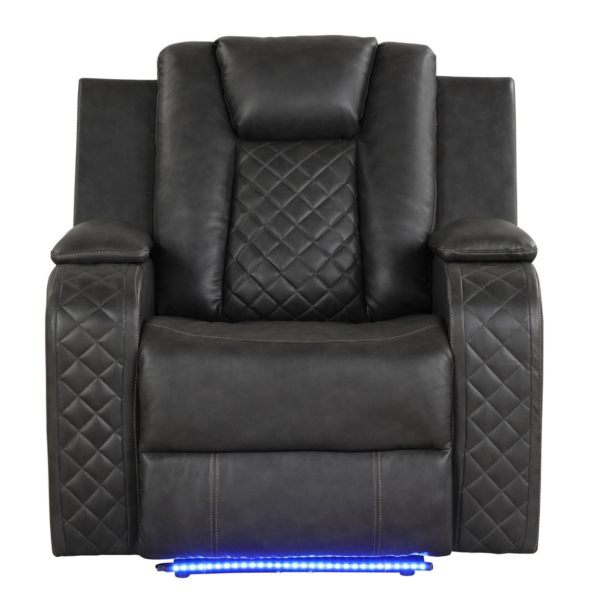 Black power recliner chair with adjustable headrest, diamond-quilted arms, and LED base strip.