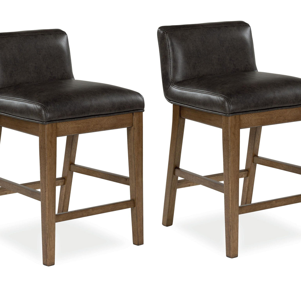 Two-tone brown upholstered barstool set of 2 with dark seats and light wood legs