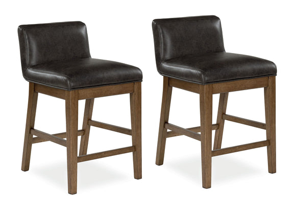 Two-tone brown upholstered barstool set of 2 with dark seats and light wood legs