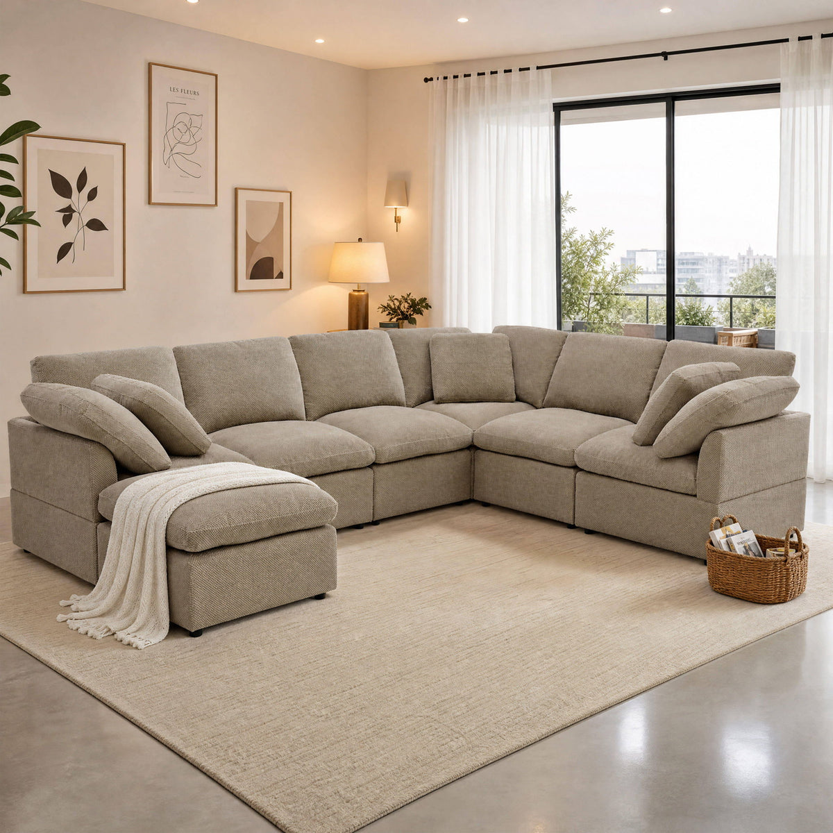 Light brown L-shaped modular sofa with a matching ottoman and loose cushions.