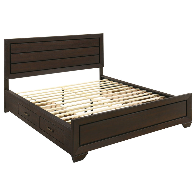 Dark brown panel bed with side drawers and slatted mattress support