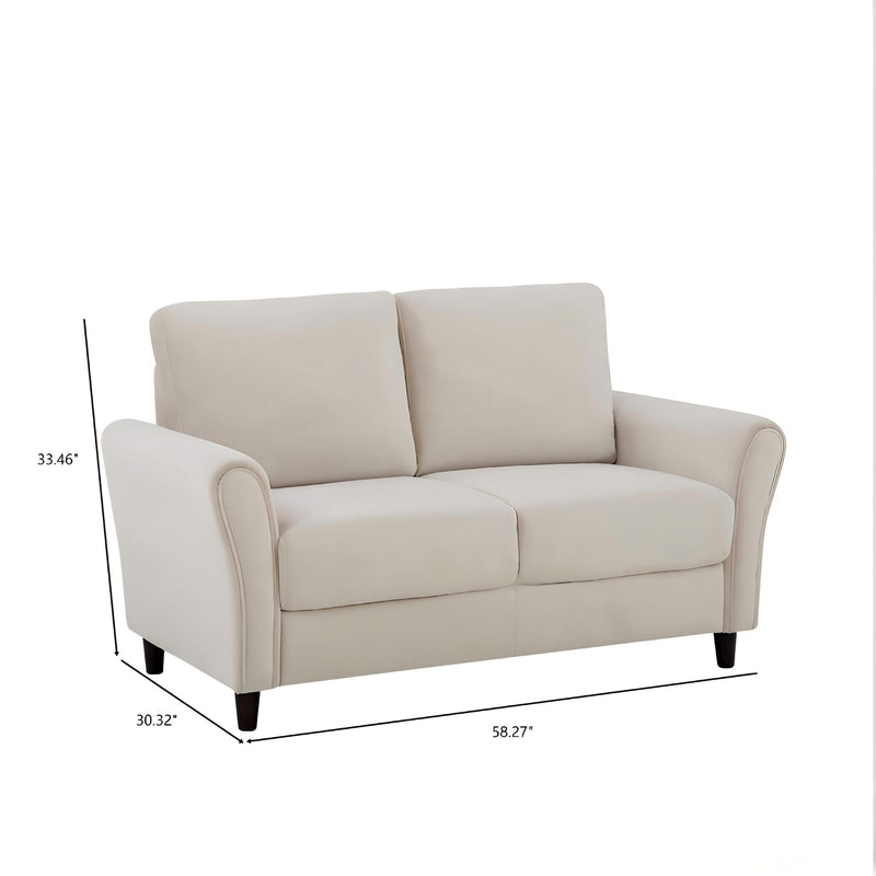 Beige curved-arm loveseat sofa with dimension markers on the sides