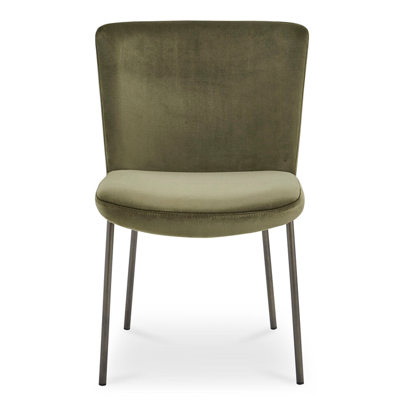 Green upholstered dining chair with a curved back, padded seat, and slim metal legs