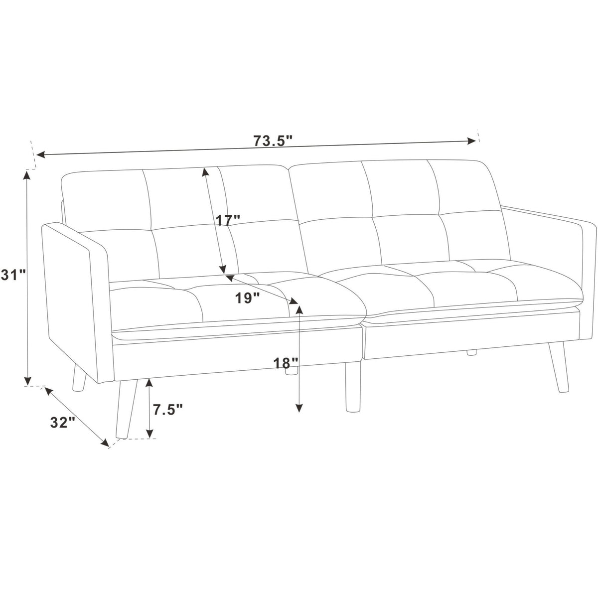 Futon sofa dimension diagram showing a 73.5-inch width and 32-inch depth