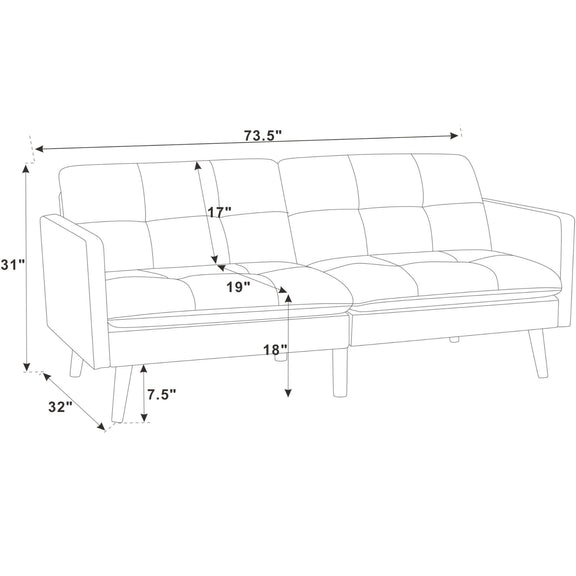 Futon sofa dimension diagram showing a 73.5-inch width and 32-inch depth
