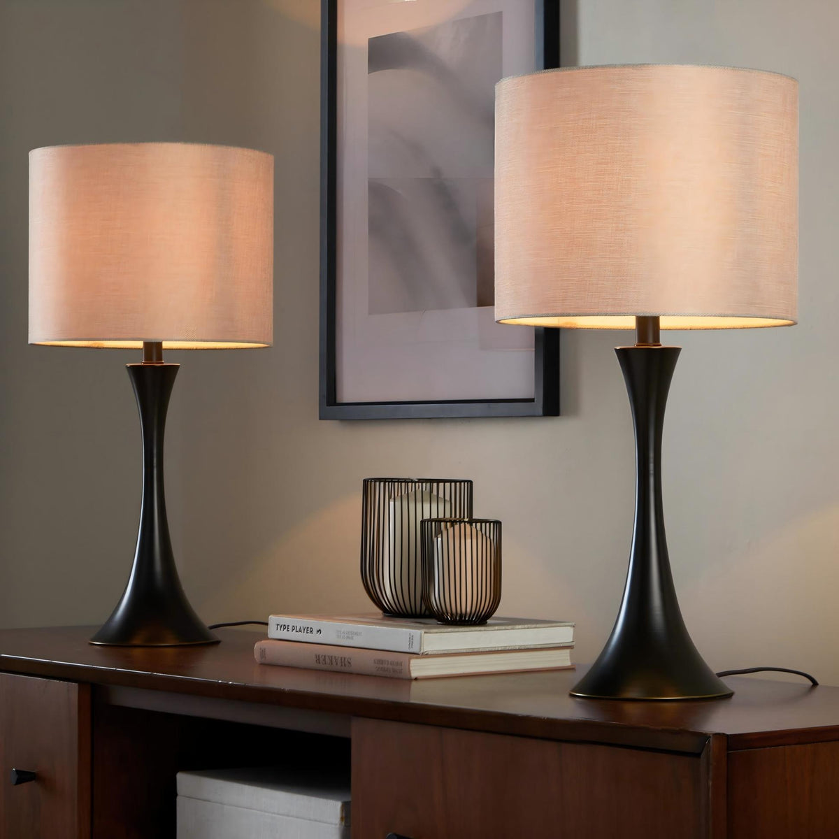 Black table lamp set of 2 with beige fabric drum shades