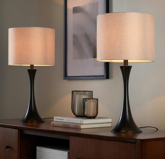 Black table lamp set of 2 with beige fabric drum shades