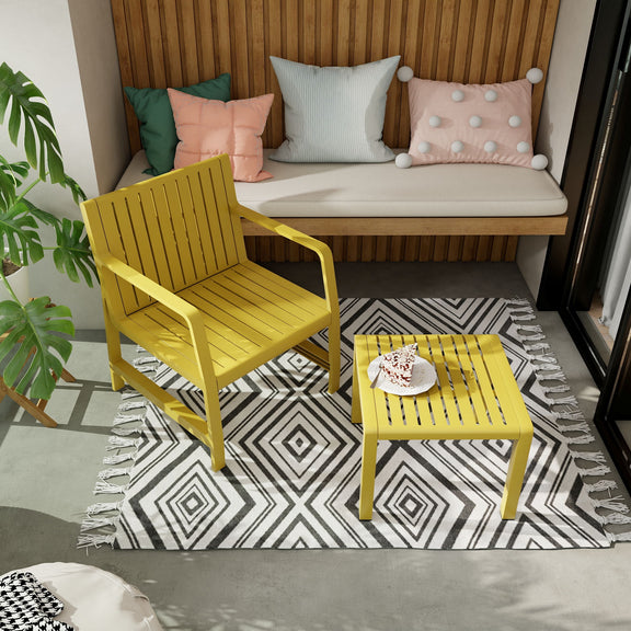 Yellow outdoor armchair with matching slatted side table/footstool