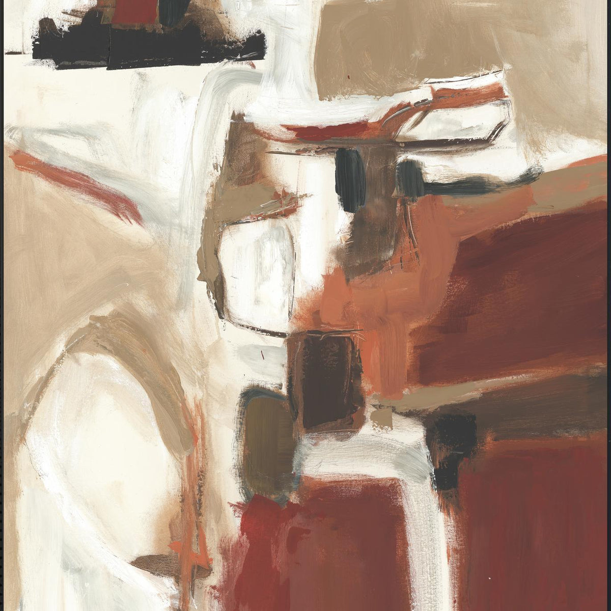 Framed-style vertical canvas art in white, rust and dark red with black rectangular marks.