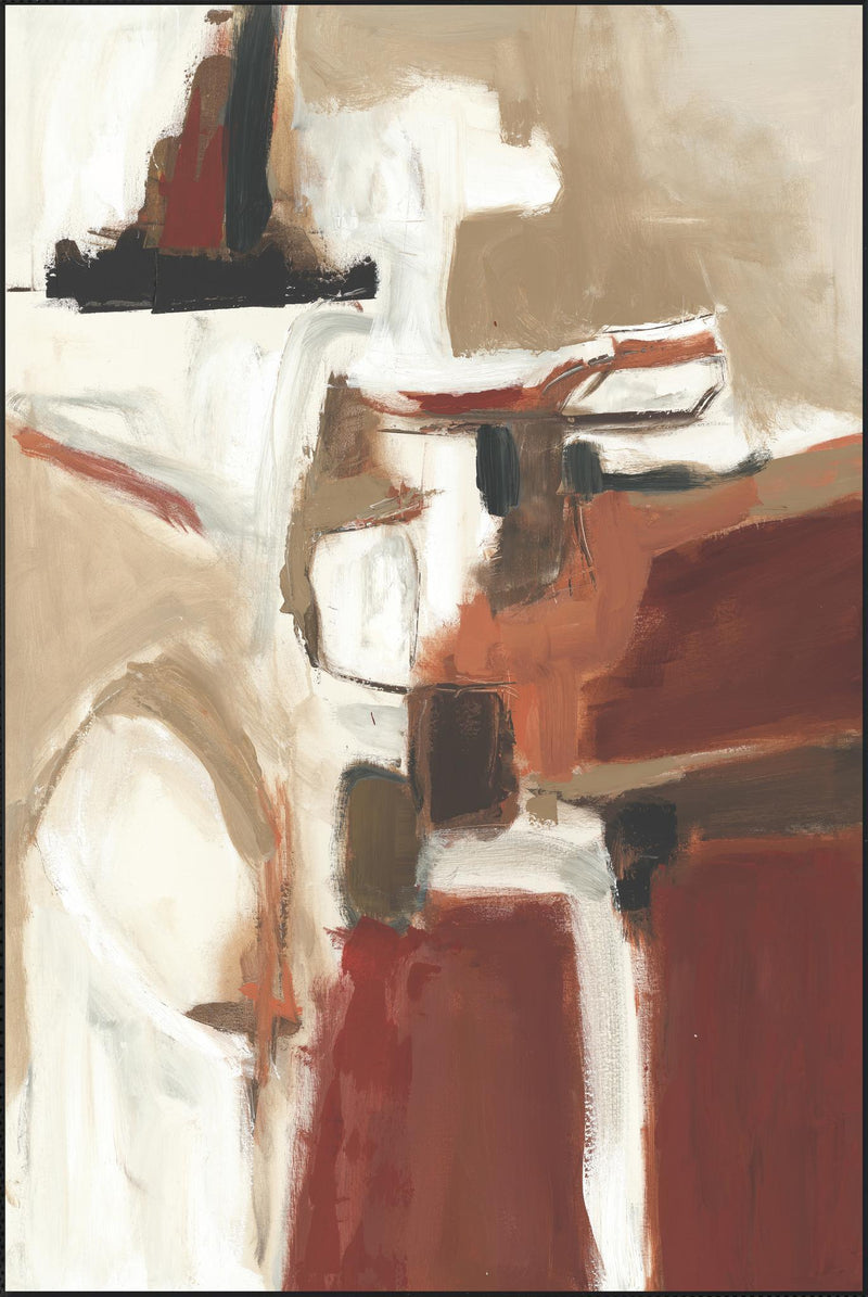 Framed-style vertical canvas art in white, rust and dark red with black rectangular marks.