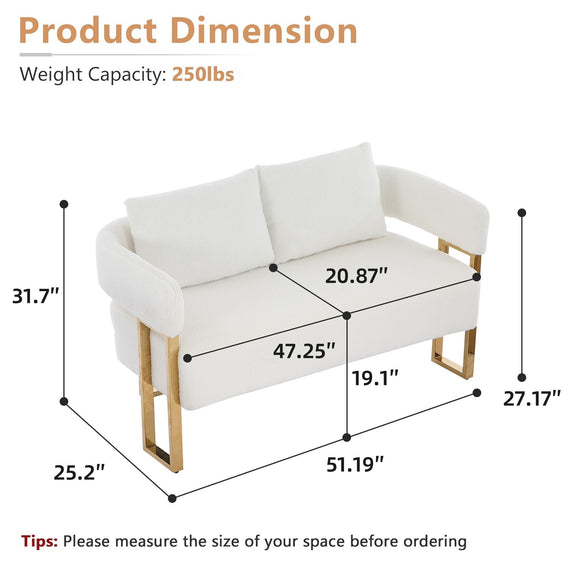 White upholstered side chair with two seat cushions and gold-tone legs