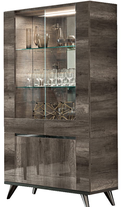 Dark brown wood 2-door china cabinet with glass doors and interior shelving