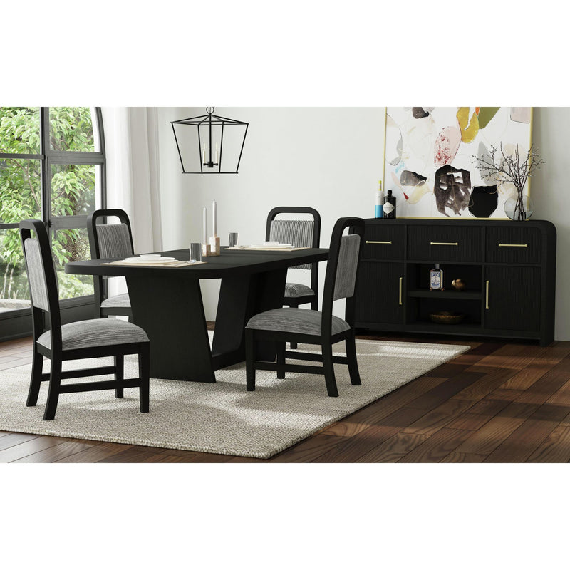 Black dining set with table and chairs, white upholstered seat cushions