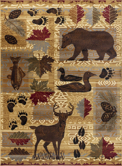 Beige lodge-style area rug featuring wildlife silhouettes and autumn leaf motifs